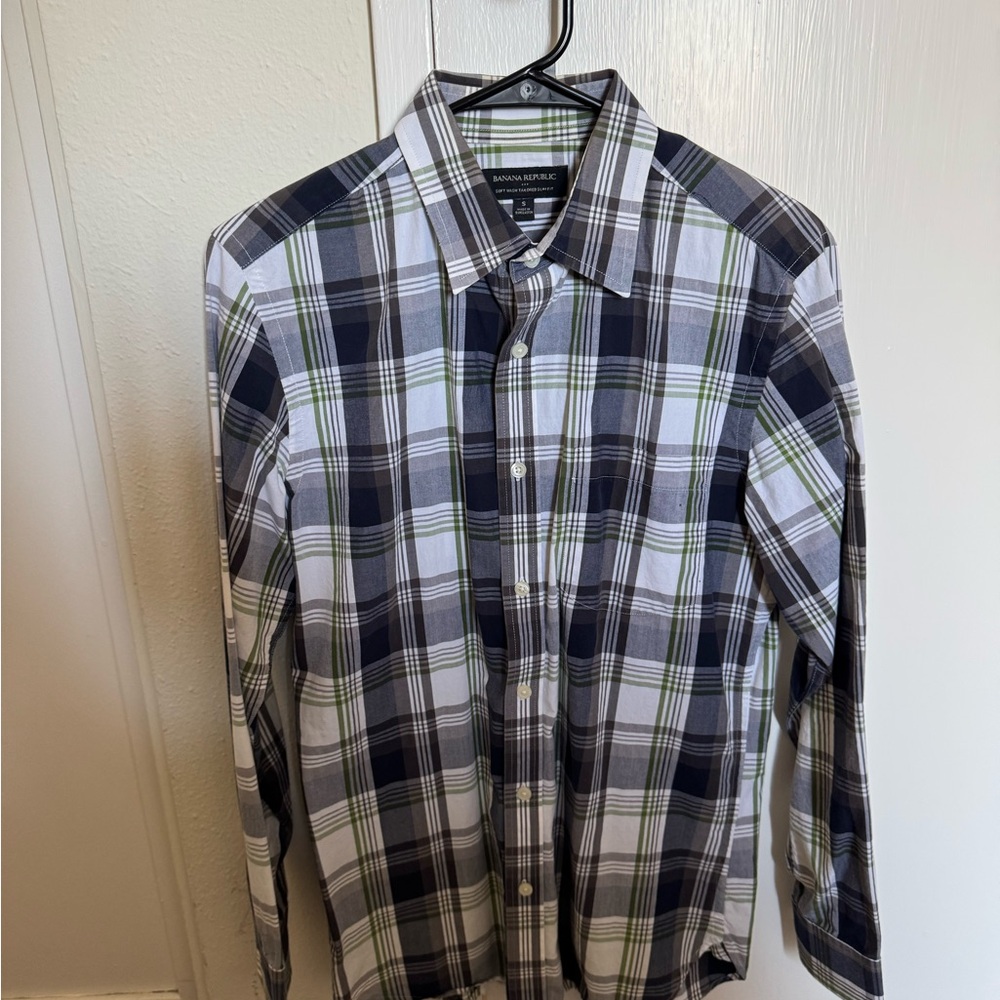 Banana Republic Men's Plaid Shirt - Navy, White, Green